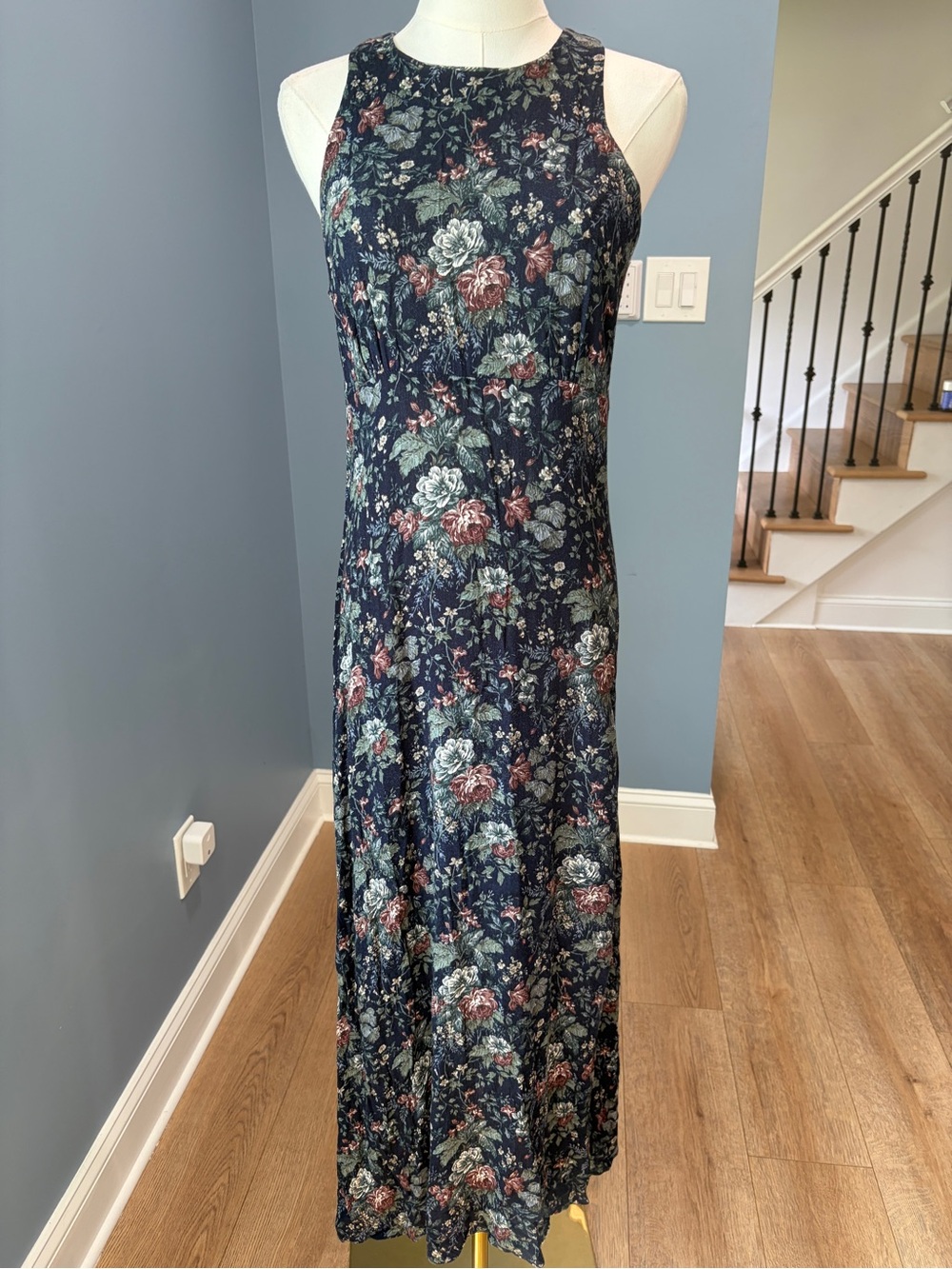 Vintage La Belle Fashions Navy Floral Rayon Maxi Dress Made in USA Cottagecore